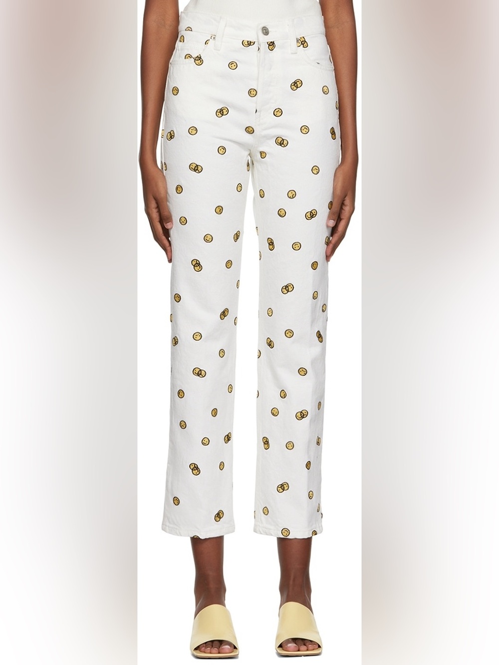 Reformation Jeans Mixed Emotions White Denim Pants with Embroidered Smiley Faces